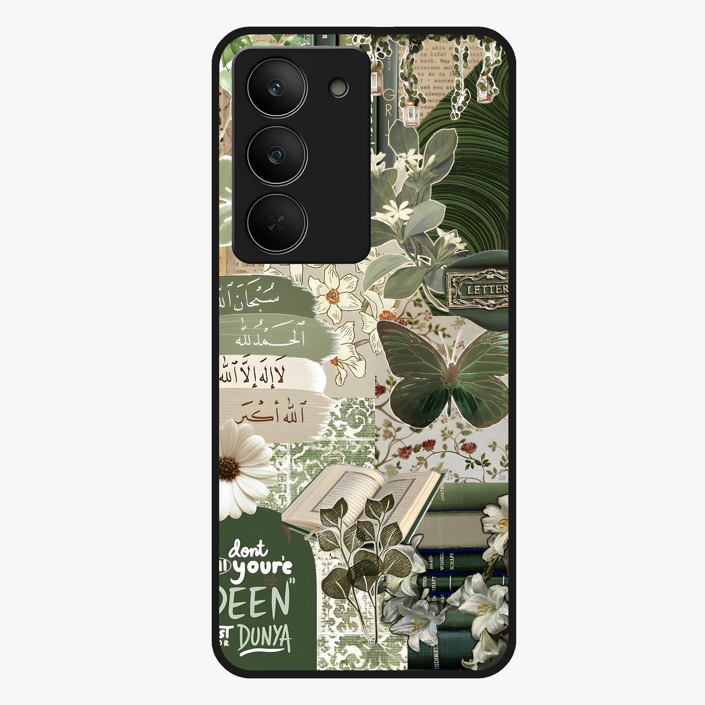 Green Islamic Books Quotes Glass Case showing flat back view with Islamic quotes and book themed artwork and glossy glass finish.