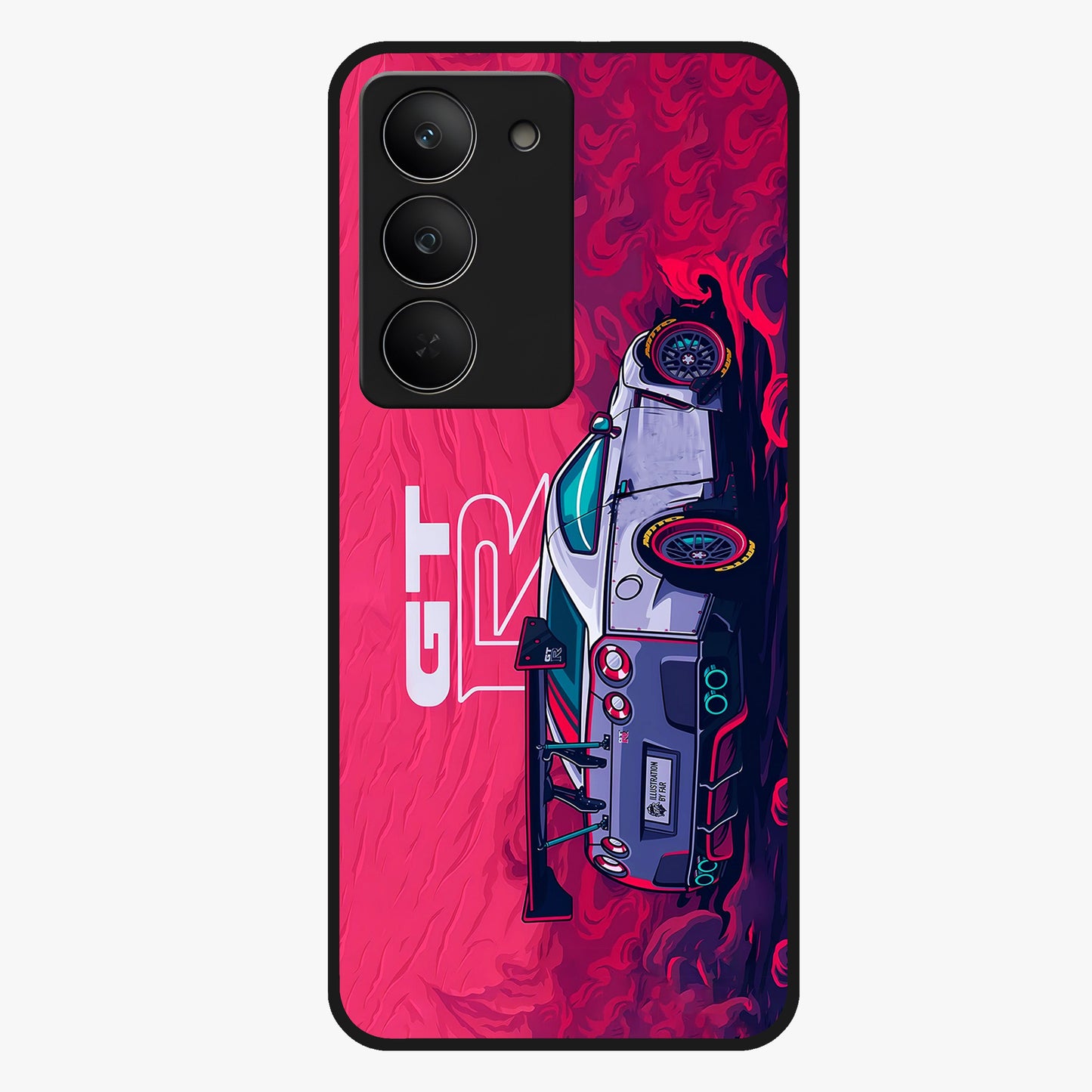 GT-R Car Pattern Glass Case showing flat back view with sporty car inspired pattern artwork and glossy glass finish.