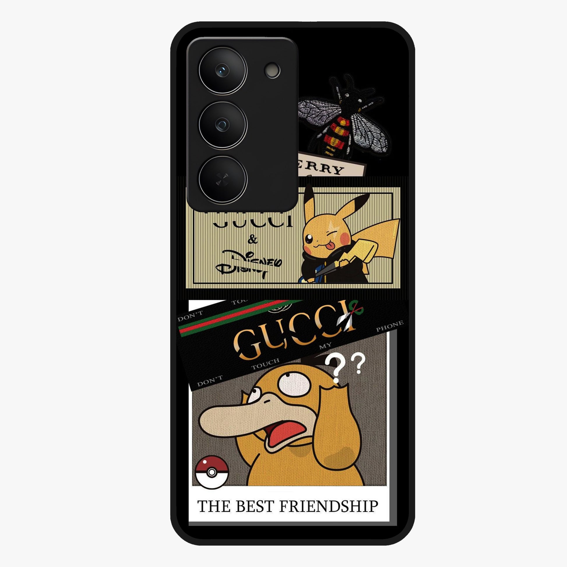 Gucci Play Mashup Glass Case showing flat back view with luxury inspired graphic artwork and glossy glass finish.