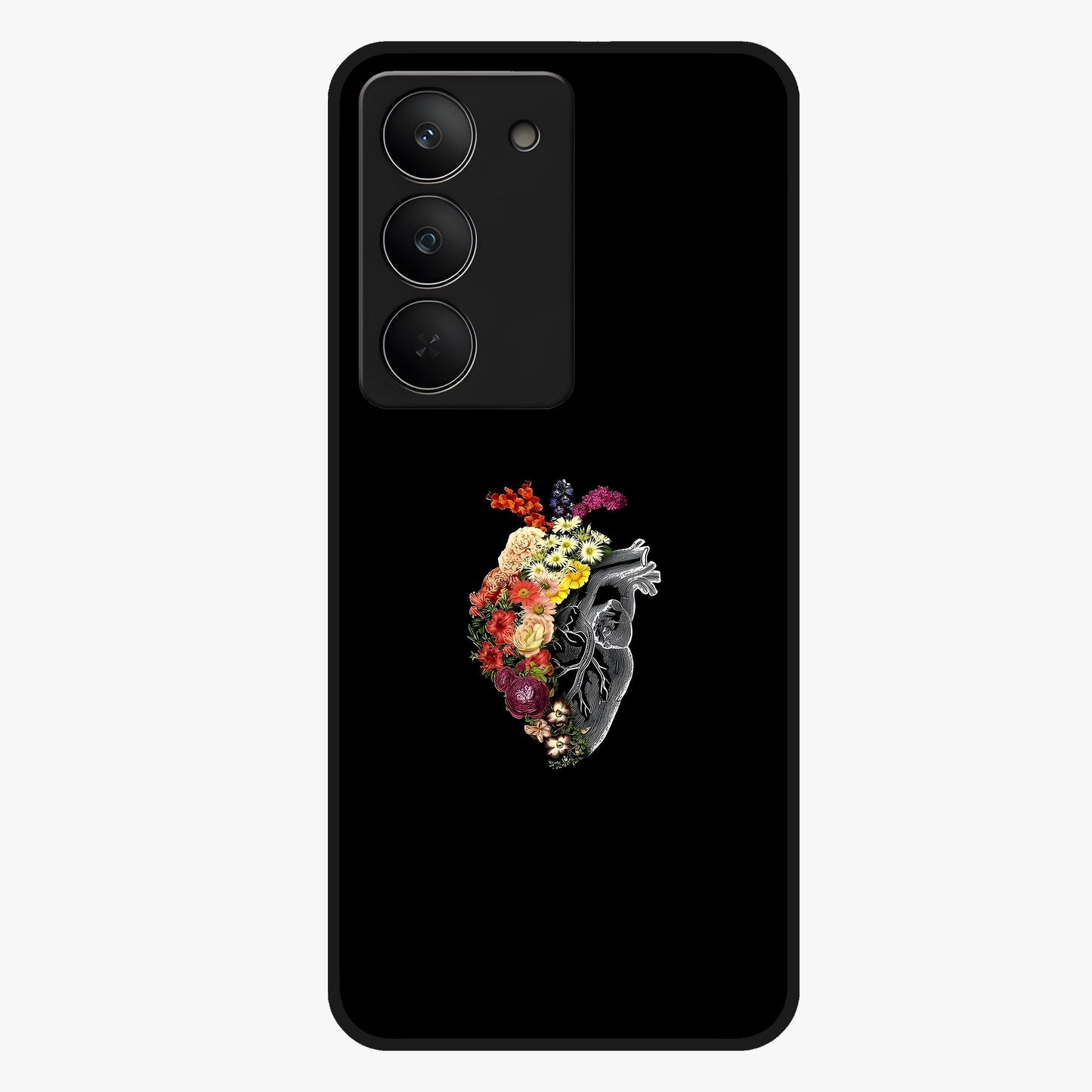 Heart With Flowers Glass Case showing flat back view with heart shaped floral artwork and glossy glass finish.