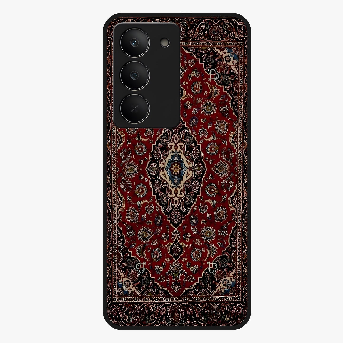 Heritage Carpet Royale Glass Case showing flat back view with ornate Persian carpet inspired pattern and glossy glass finish.