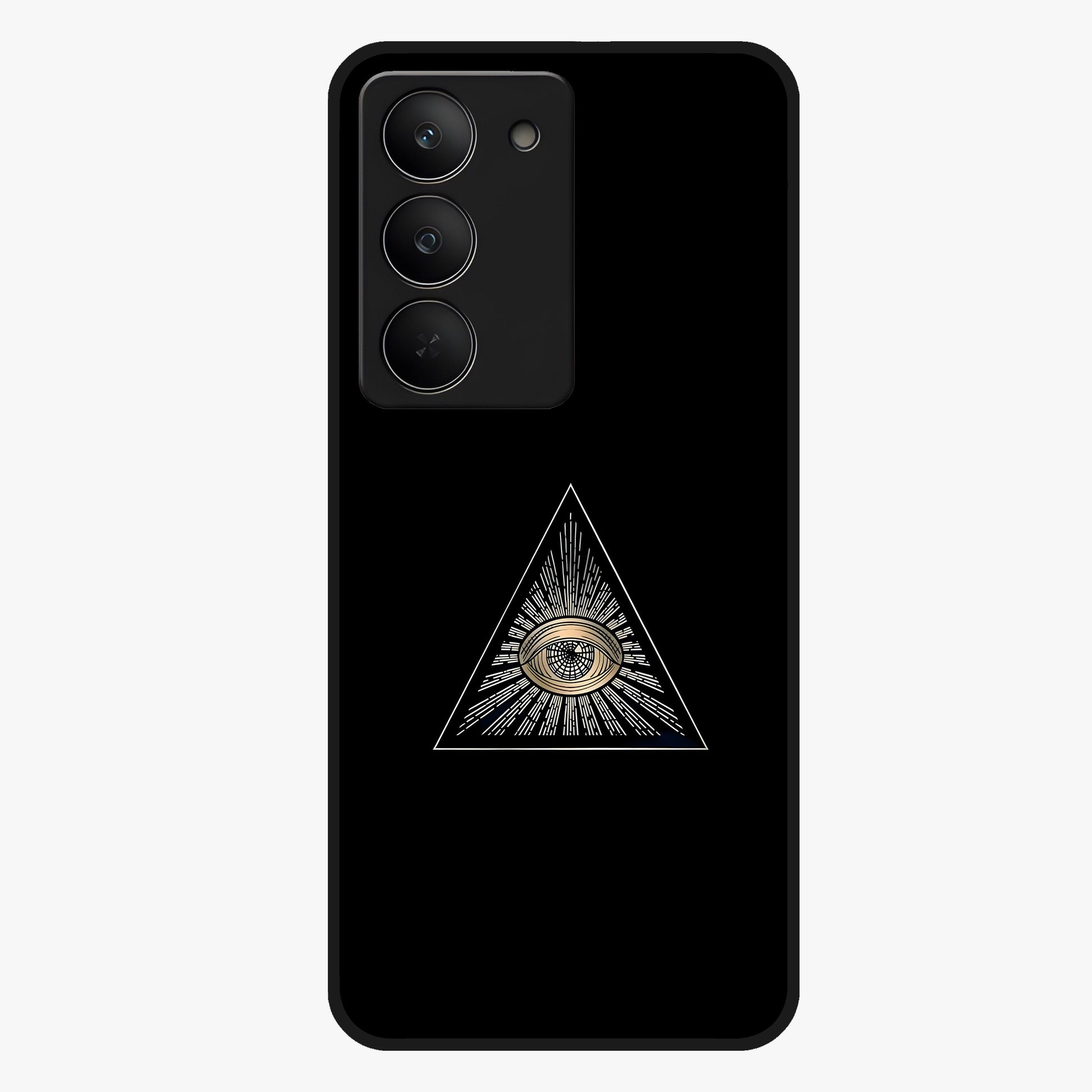 Illuminati Evil Glass Case showing flat back view with mysterious illuminati symbol artwork and glossy glass finish.