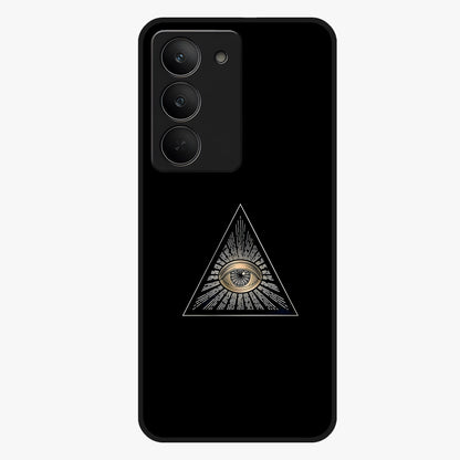 Illuminati Evil Glass Case showing flat back view with mysterious illuminati symbol artwork and glossy glass finish.