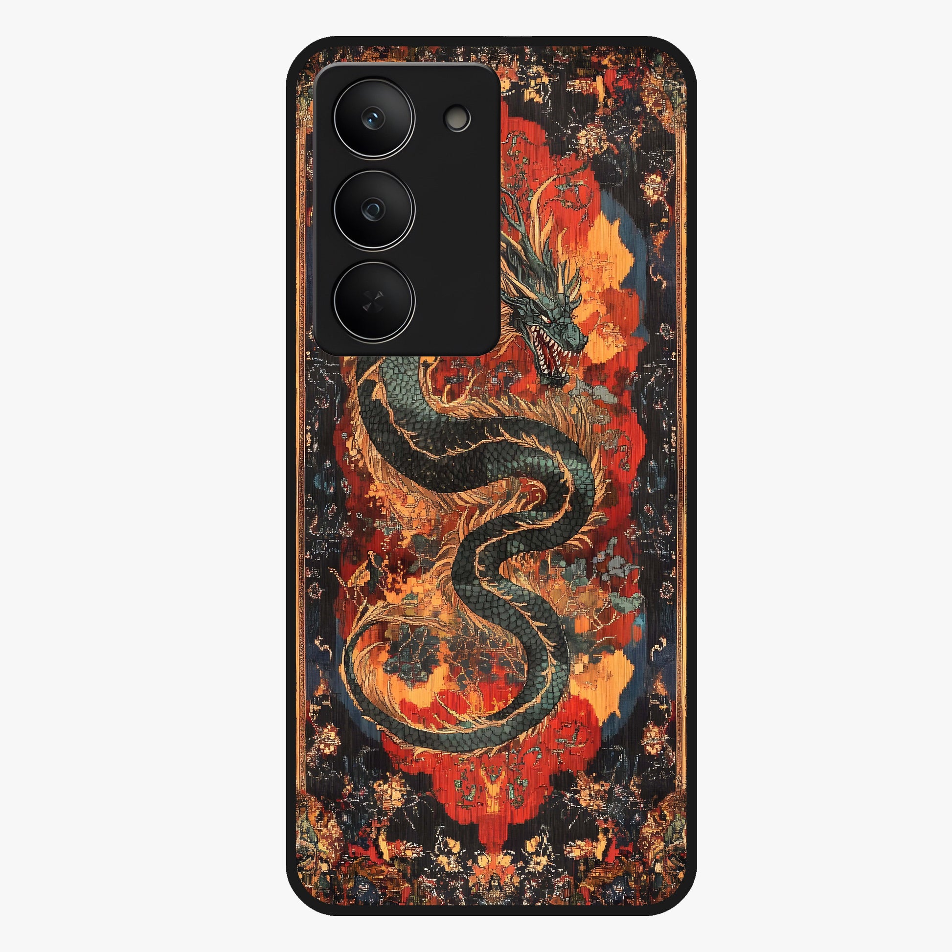 Inferno Dragon Soul Glass Case showing flat back view with fiery dragon artwork and glossy glass finish.