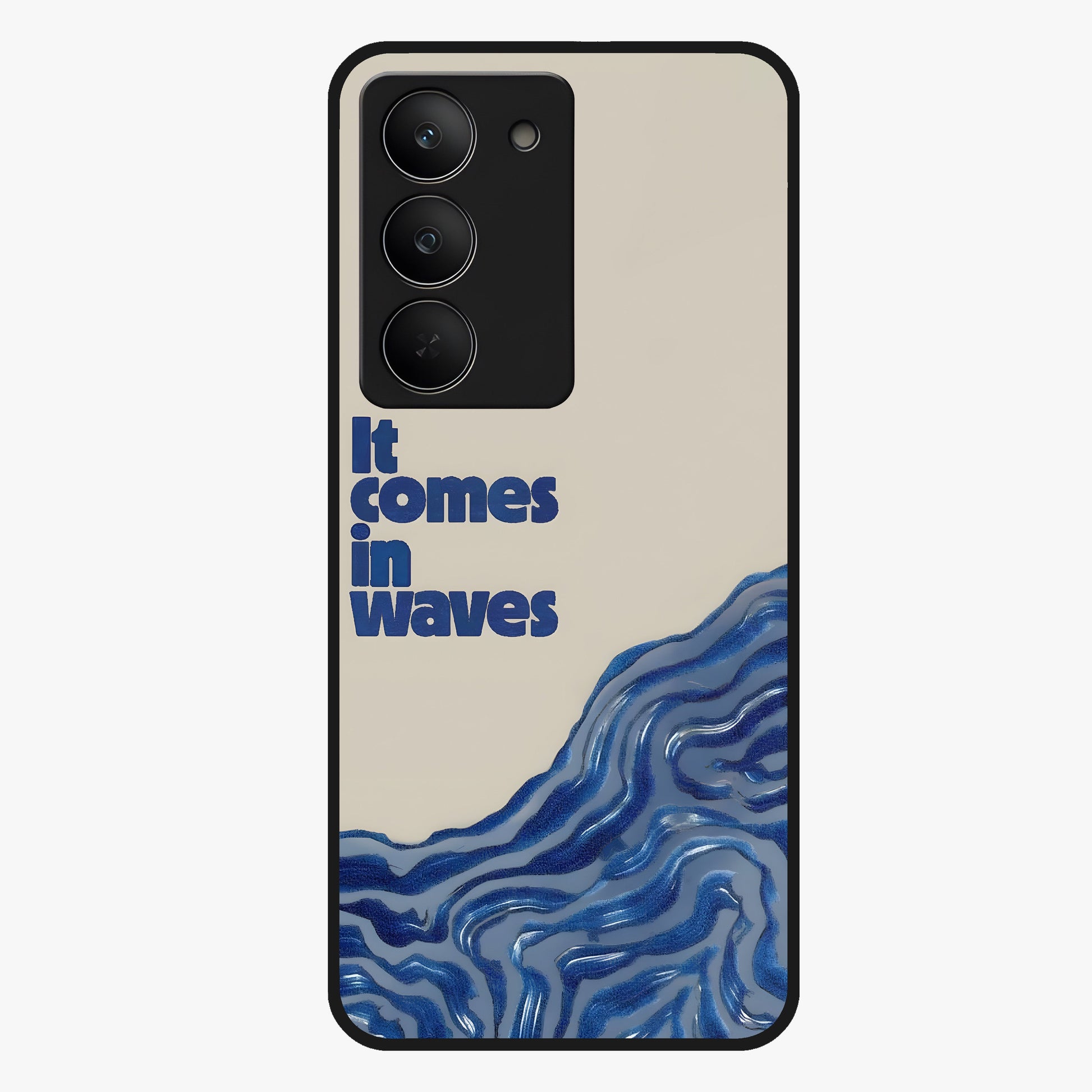 It Comes In Waves Quote Glass Case showing flat back view with inspirational wave themed quote artwork and glossy glass finish.
