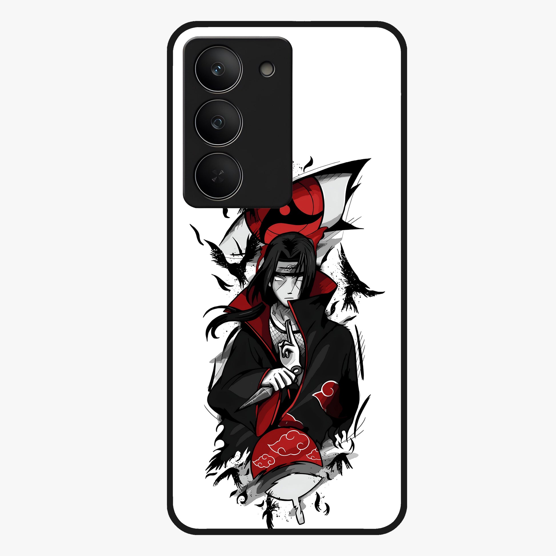 Itachi Sharingan Glass Case showing flat back view with powerful anime eye artwork and glossy glass finish.