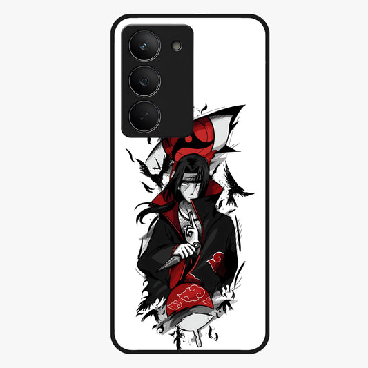 Itachi Sharingan Glass Case showing flat back view with powerful anime eye artwork and glossy glass finish.