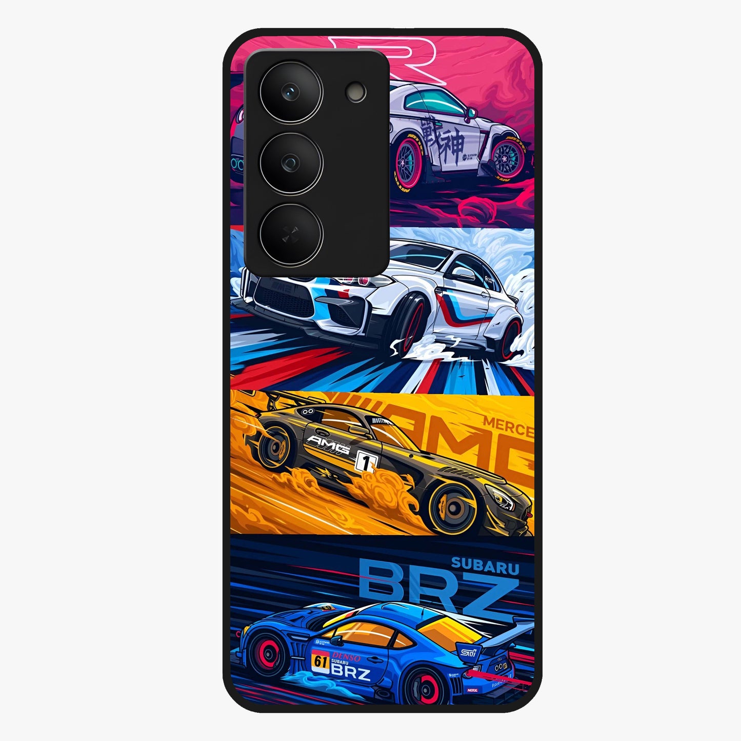 JDM Sports Car Glass Case showing flat back view with high performance sports car artwork and glossy glass finish.