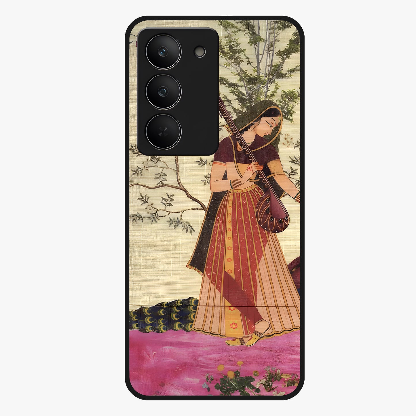 Lady With Veena Art Glass Case showing flat back view with elegant woman playing veena artwork and glossy glass finish.