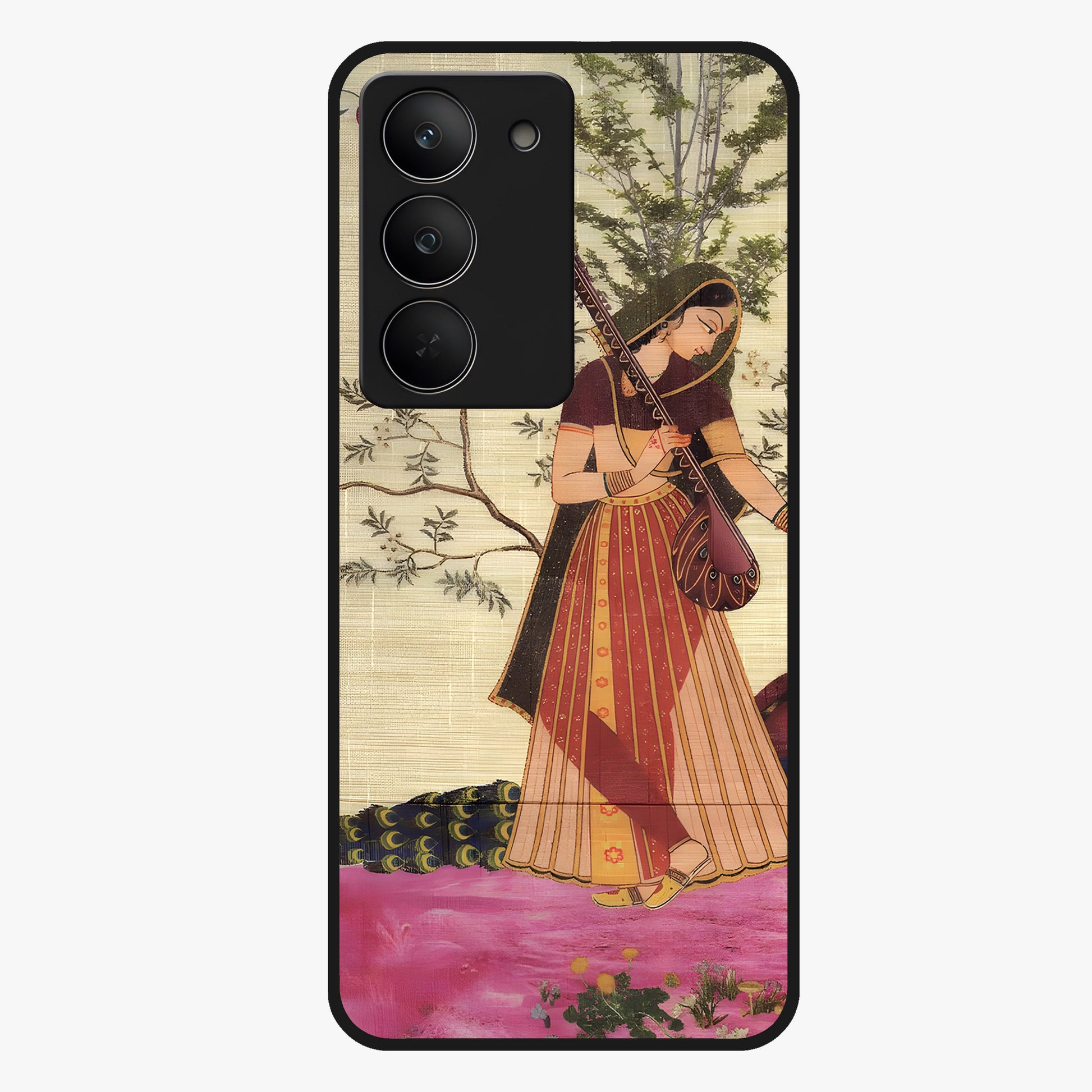 Lady With Veena Art Glass Case showing flat back view with elegant woman playing veena artwork and glossy glass finish.