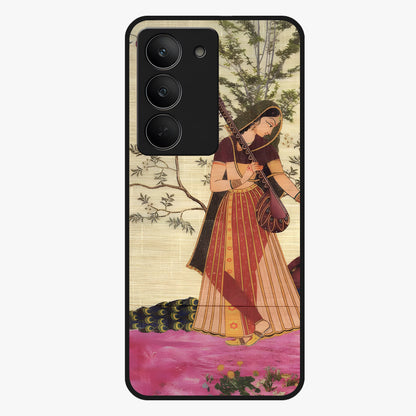 Lady With Veena Art Glass Case showing flat back view with elegant woman playing veena artwork and glossy glass finish.