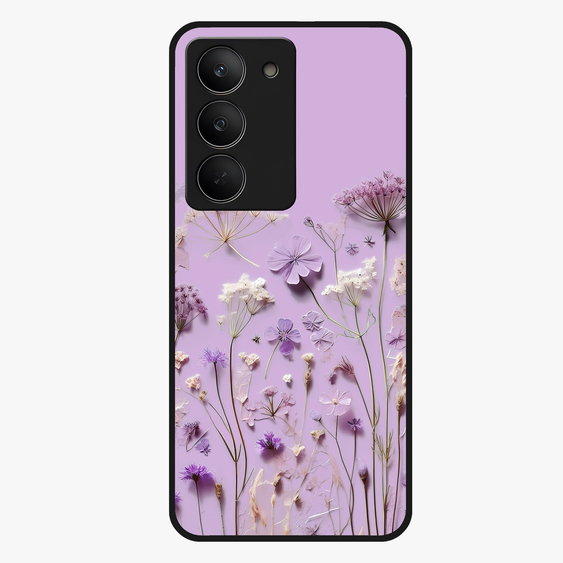 Lavender Blossom Dream Glass Case showing flat back view with soft lavender floral artwork and glossy glass finish.