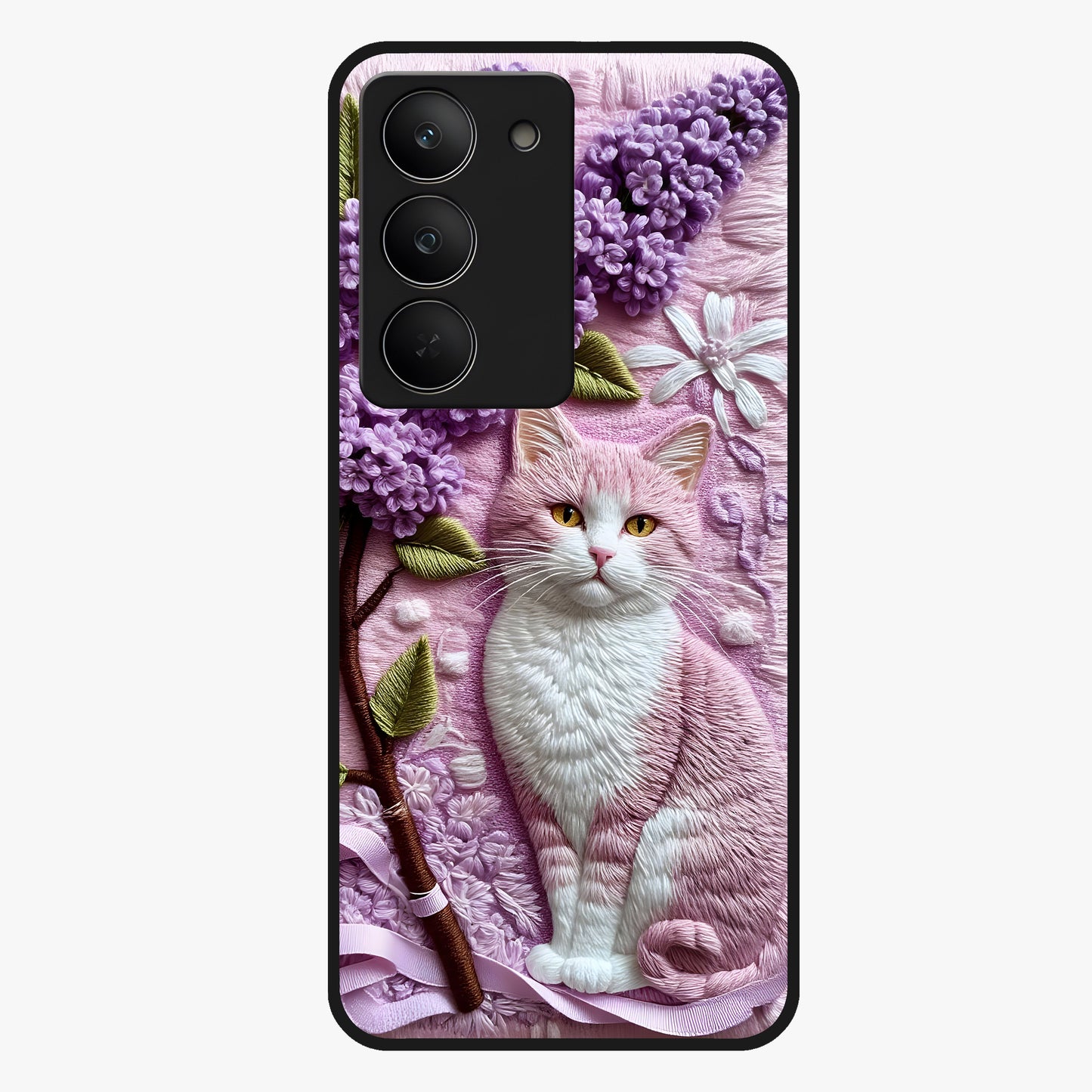 Lavender Cat Whimsy Glass Case showing flat back view with cute lavender cat artwork and glossy glass finish.