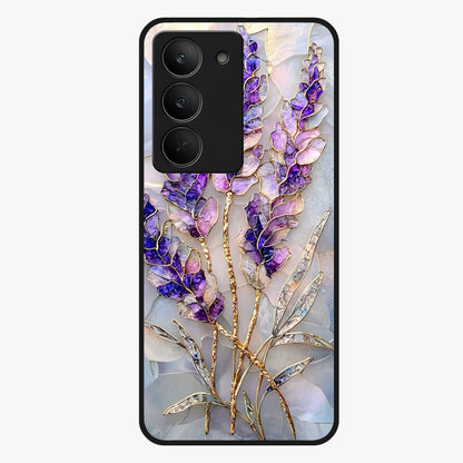 Lavender Dream Glow Glass Case showing flat back view with glowing lavender aesthetic artwork and glossy glass finish.