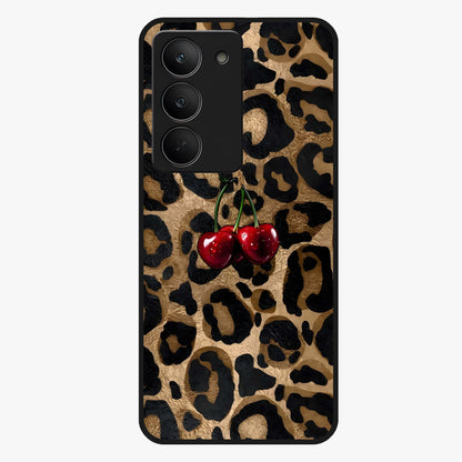 Leopard Wild Cherry Glass Case showing flat back view with leopard pattern and cherry artwork and glossy glass finish.