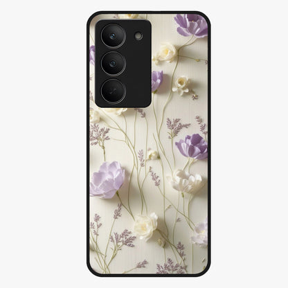Lilac Breeze Harmony Glass Case showing flat back view with soft lilac themed artwork and glossy glass finish.