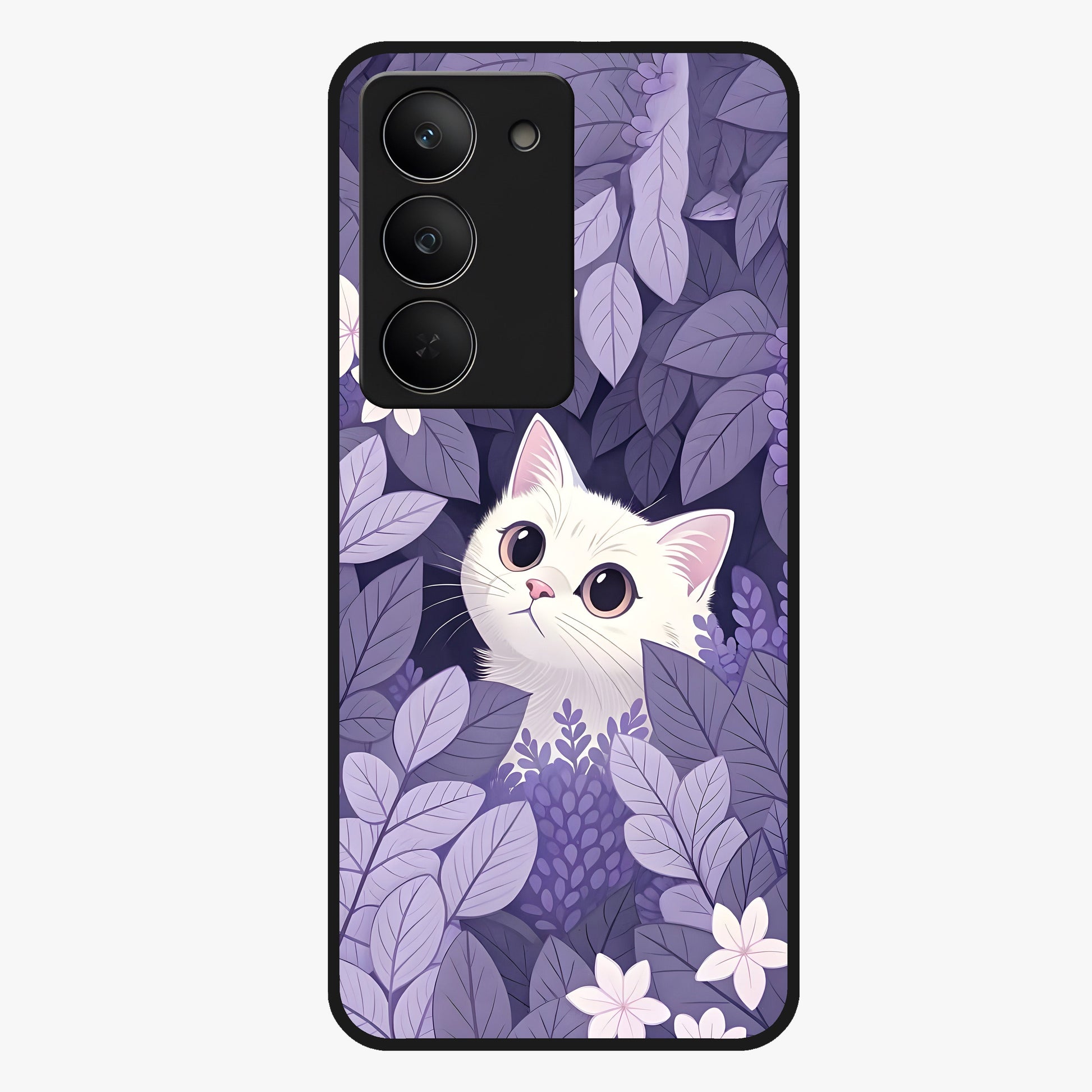 Lilac Hide Peek Cat Glass Case showing flat back view with cute peeking cat artwork and glossy glass finish.