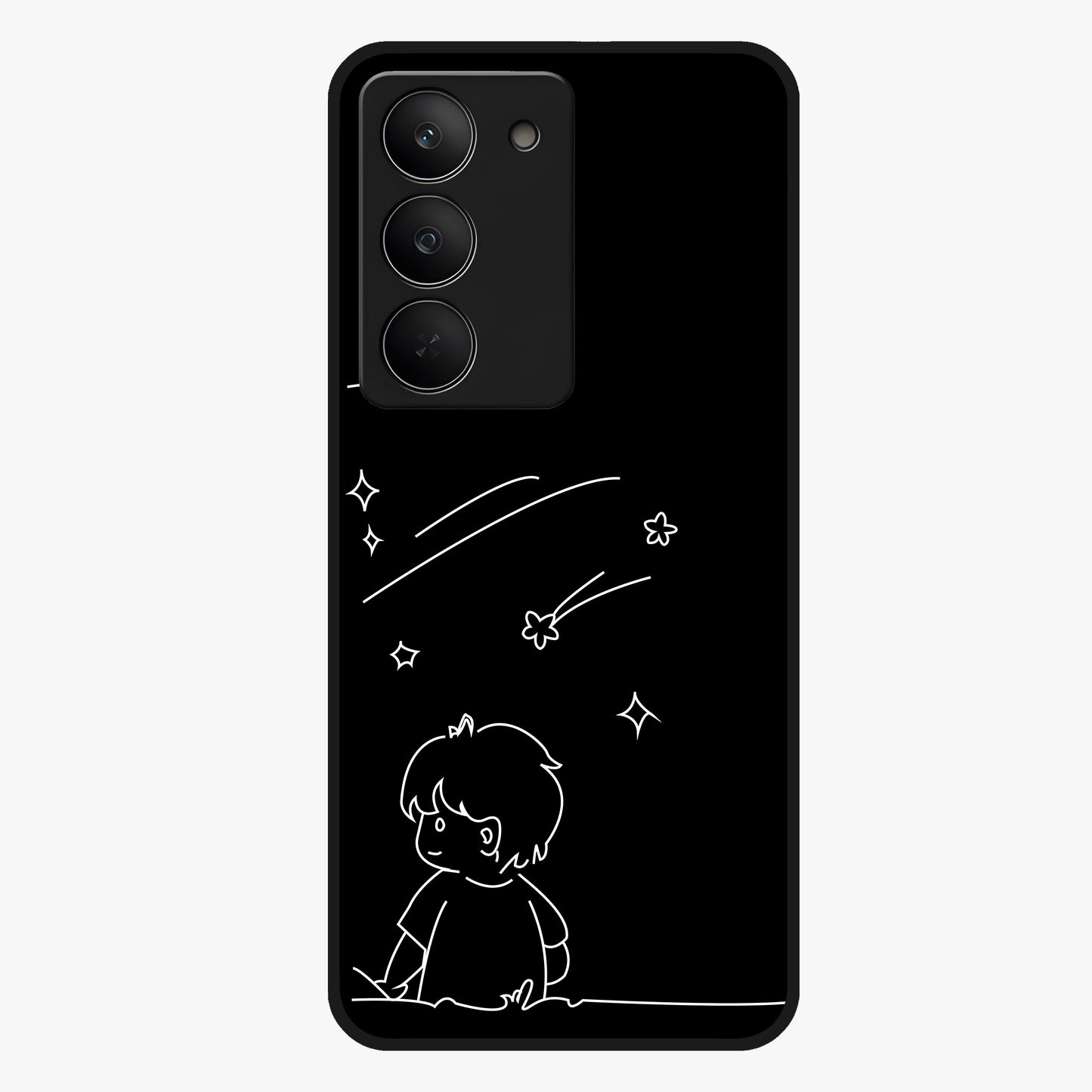 Line Art Boy With Shooting Stars Glass Case showing flat back view with minimal line art boy and shooting stars illustration and glossy glass finish.