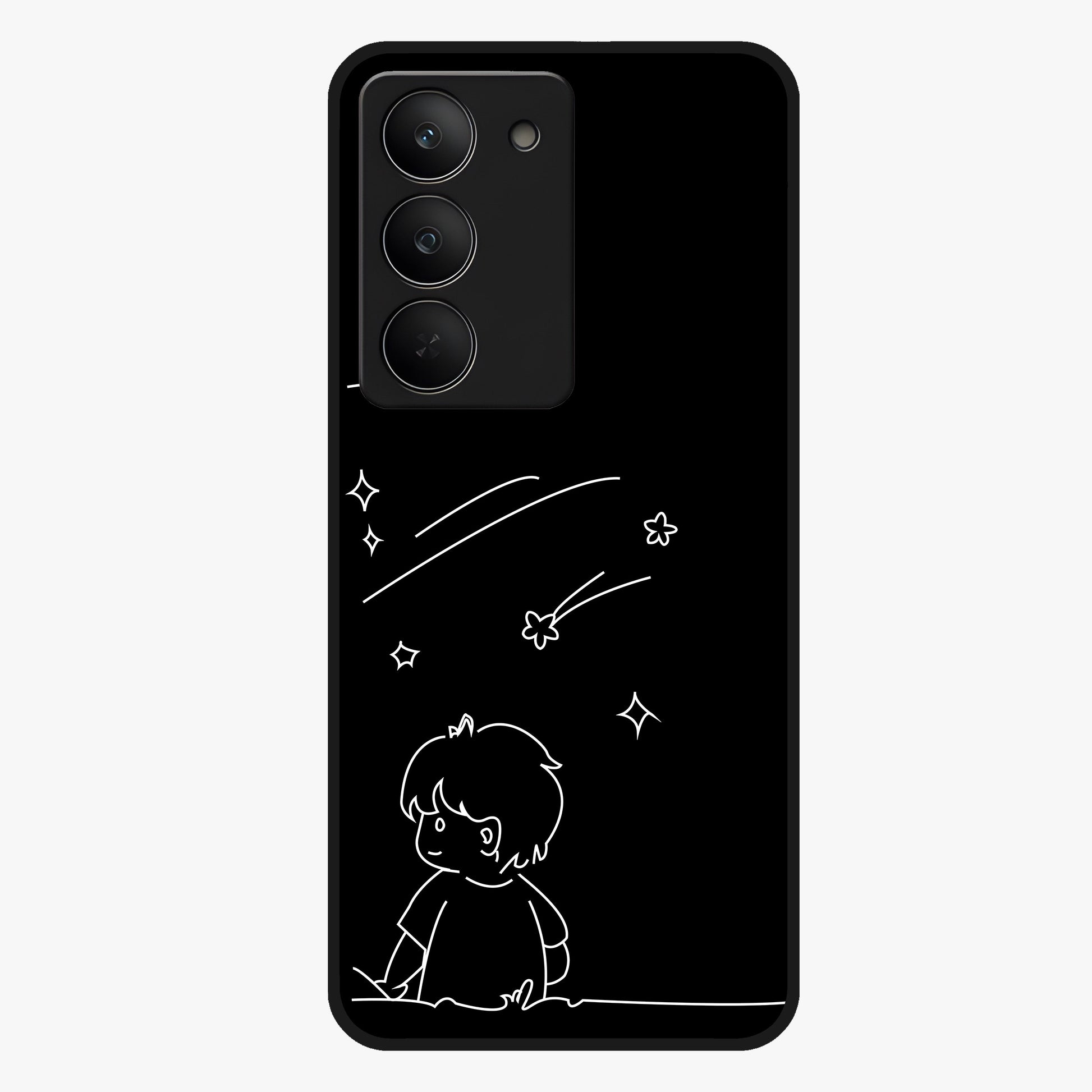 Line Art Boy With Shooting Stars Glass Case showing flat back view with minimal line art boy and shooting stars illustration and glossy glass finish.