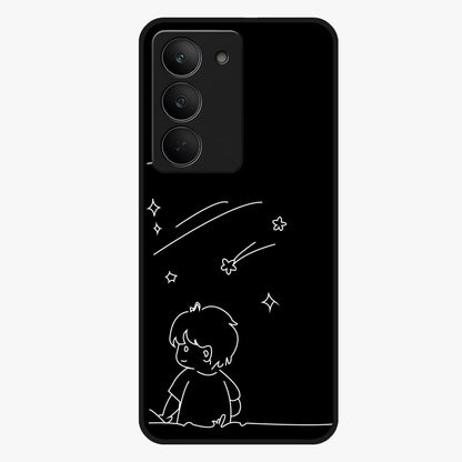 Line Art Boy With Shooting Stars Glass Case showing flat back view with minimal line art boy and shooting stars illustration and glossy glass finish.
