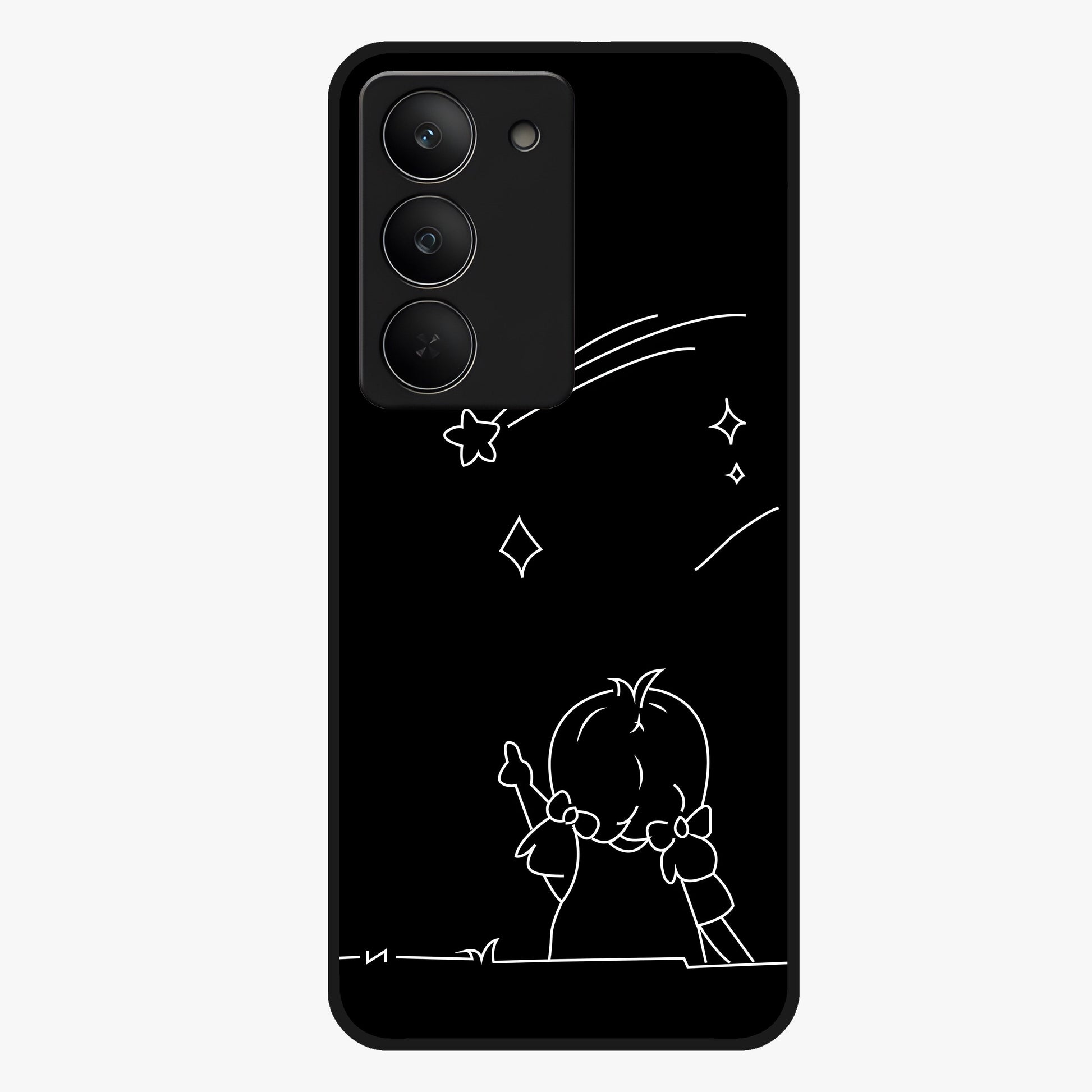 Line Art Girl With Shooting Stars Glass Case showing flat back view with minimal line art girl and shooting stars illustration and glossy glass finish.
