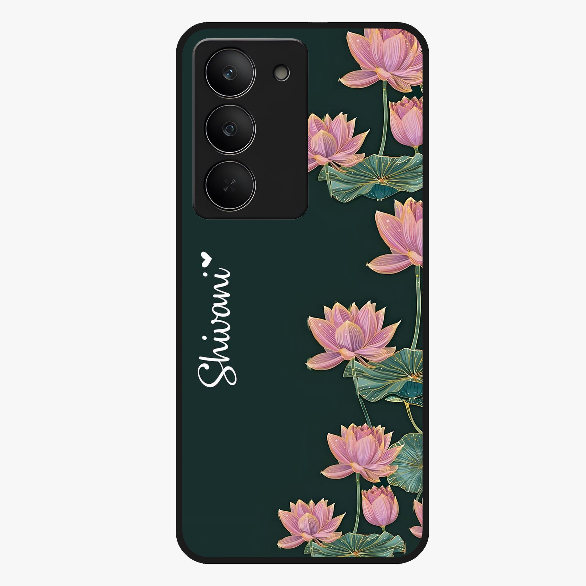 Lotus Bloom Serenity Custom Name Glass Case showing flat back view with elegant lotus flower artwork and personalized name design.