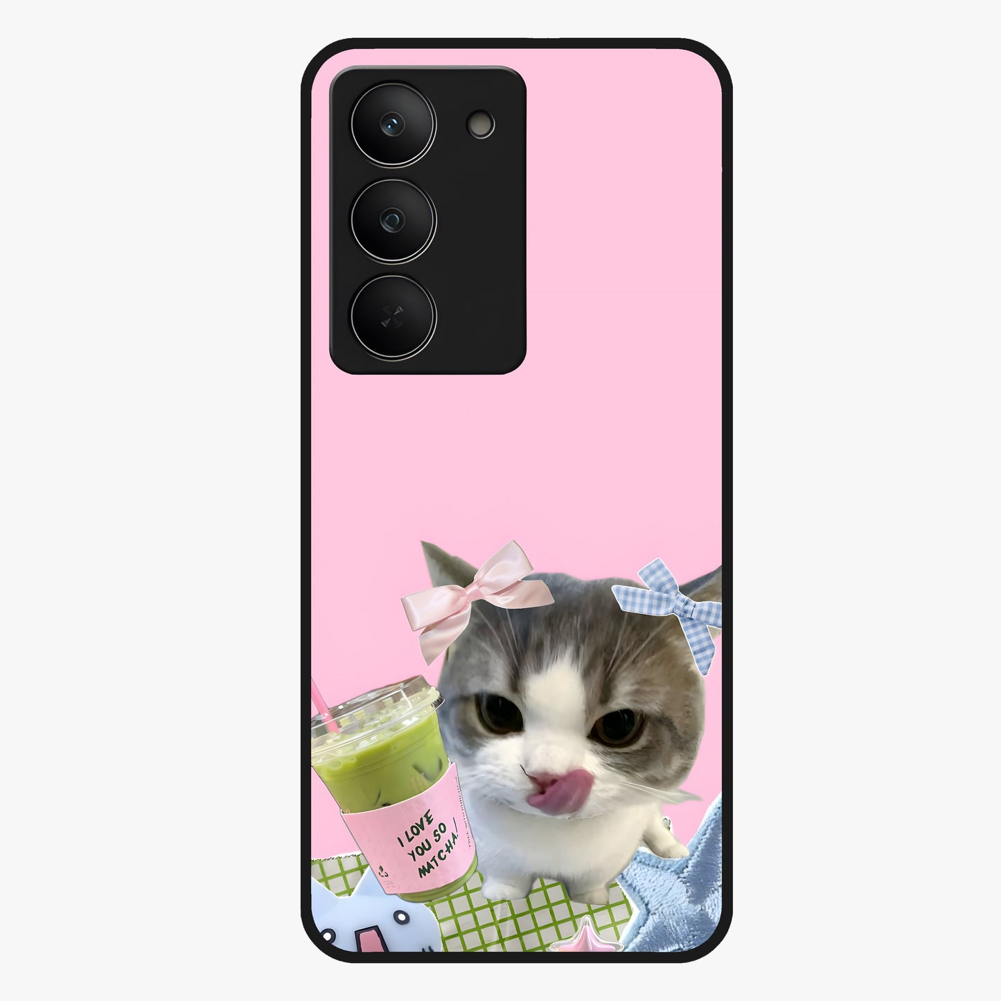 Love Matcha Cat Glass Case showing flat back view with cute cat and matcha themed artwork and glossy glass finish.