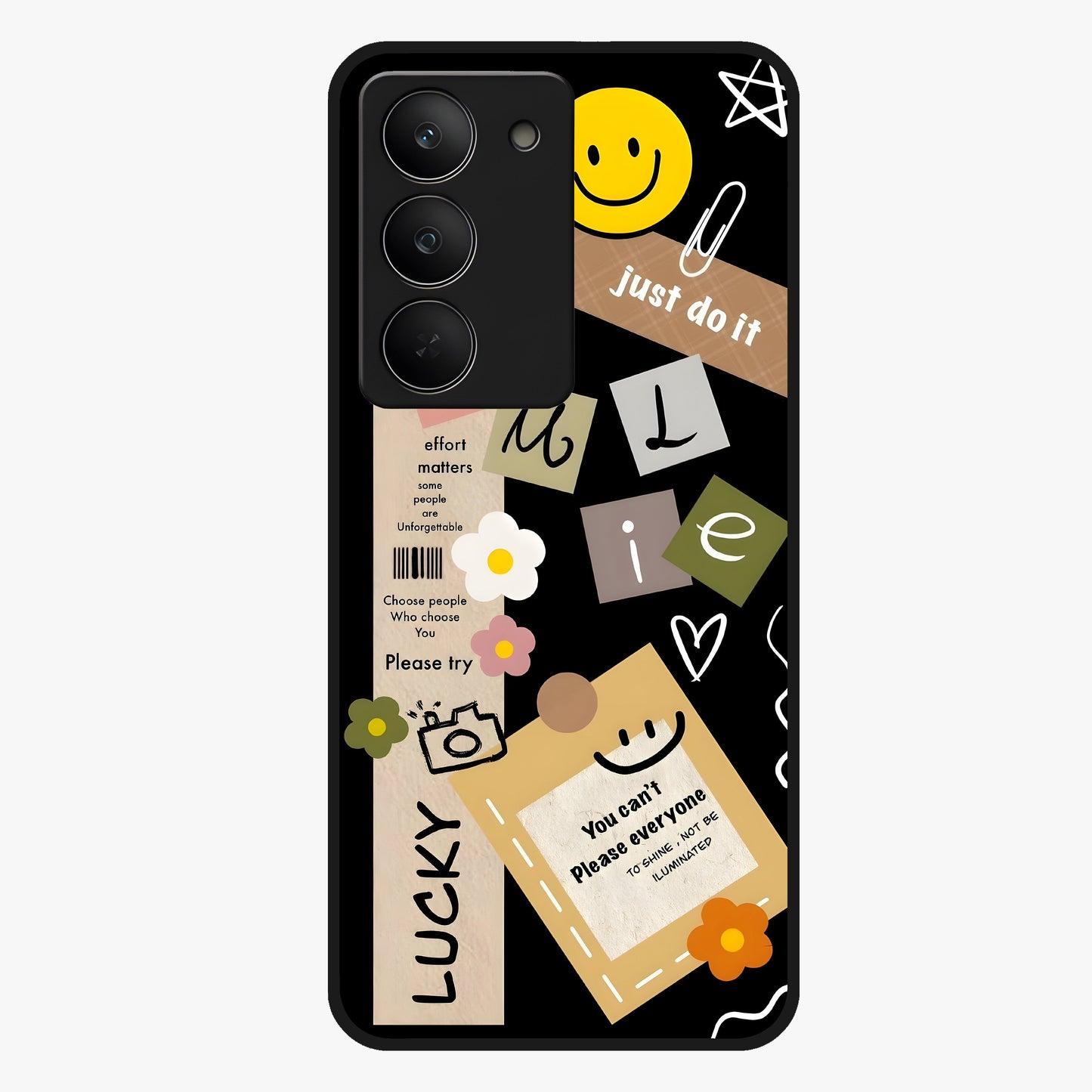 Lucky Aesthetic Collage Glass Case showing flat back view with trendy aesthetic collage artwork and glossy glass finish.