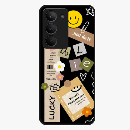 Lucky Aesthetic Collage Glass Case showing flat back view with trendy aesthetic collage artwork and glossy glass finish.