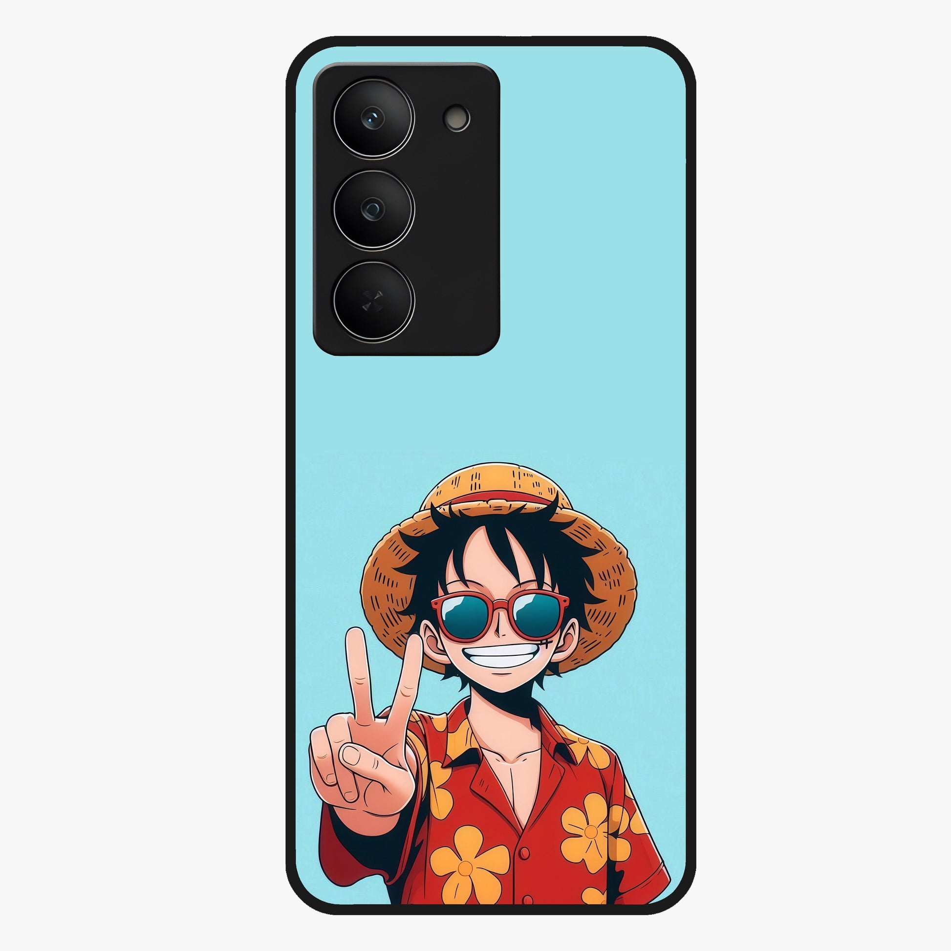 Luffy Summer Anime Vibe Glass Case showing flat back view with vibrant anime character artwork and glossy glass finish.