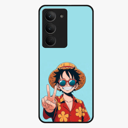 Luffy Summer Anime Vibe Glass Case showing flat back view with vibrant anime character artwork and glossy glass finish.