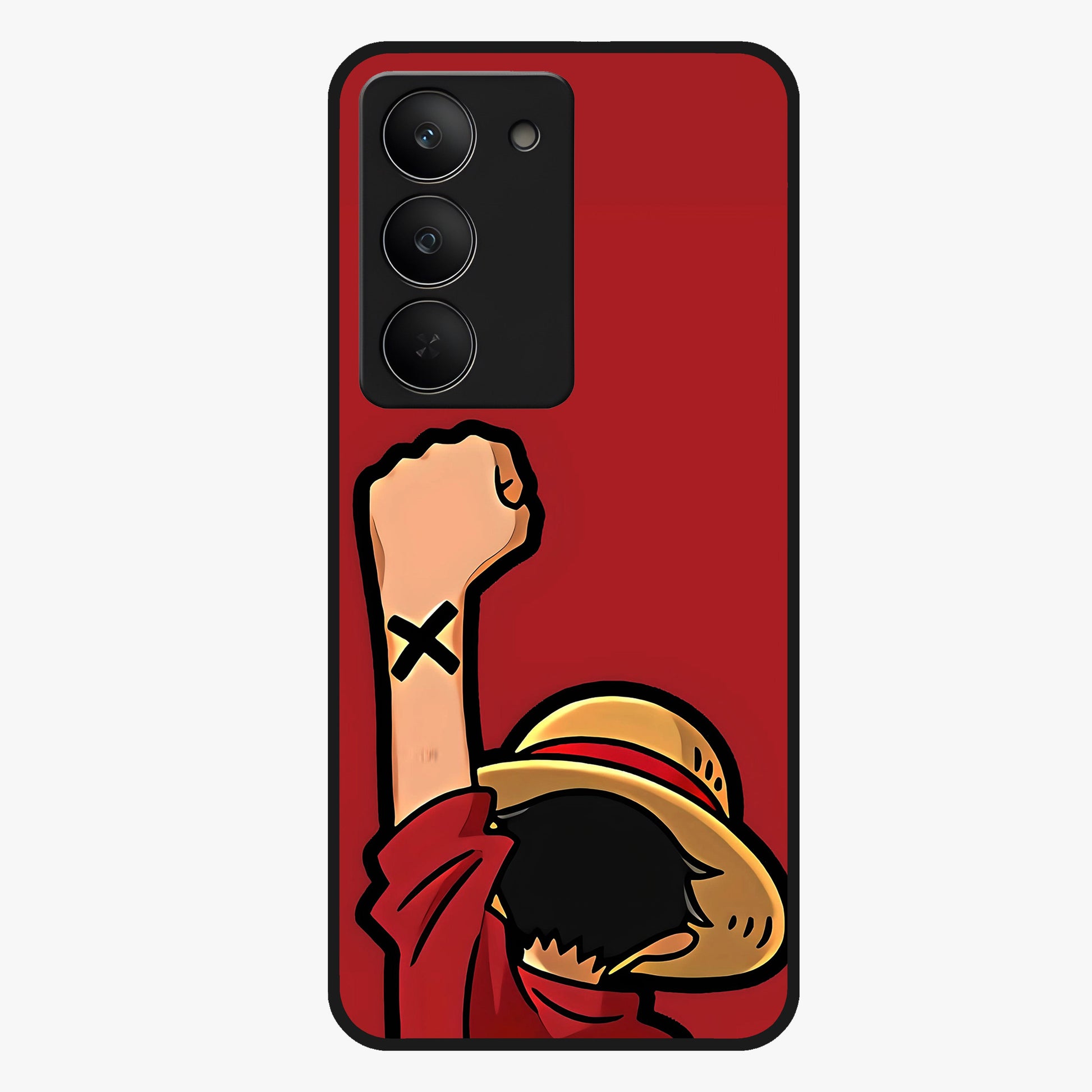 Luffy X Spirit Glass Case showing flat back view with bold anime character artwork and glossy glass finish.