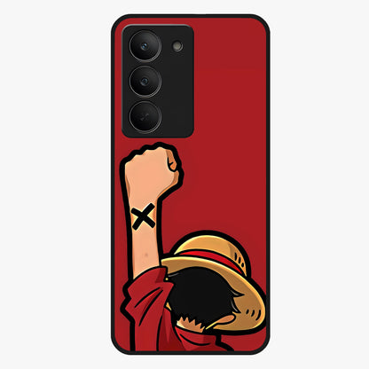 Luffy X Spirit Glass Case showing flat back view with bold anime character artwork and glossy glass finish.