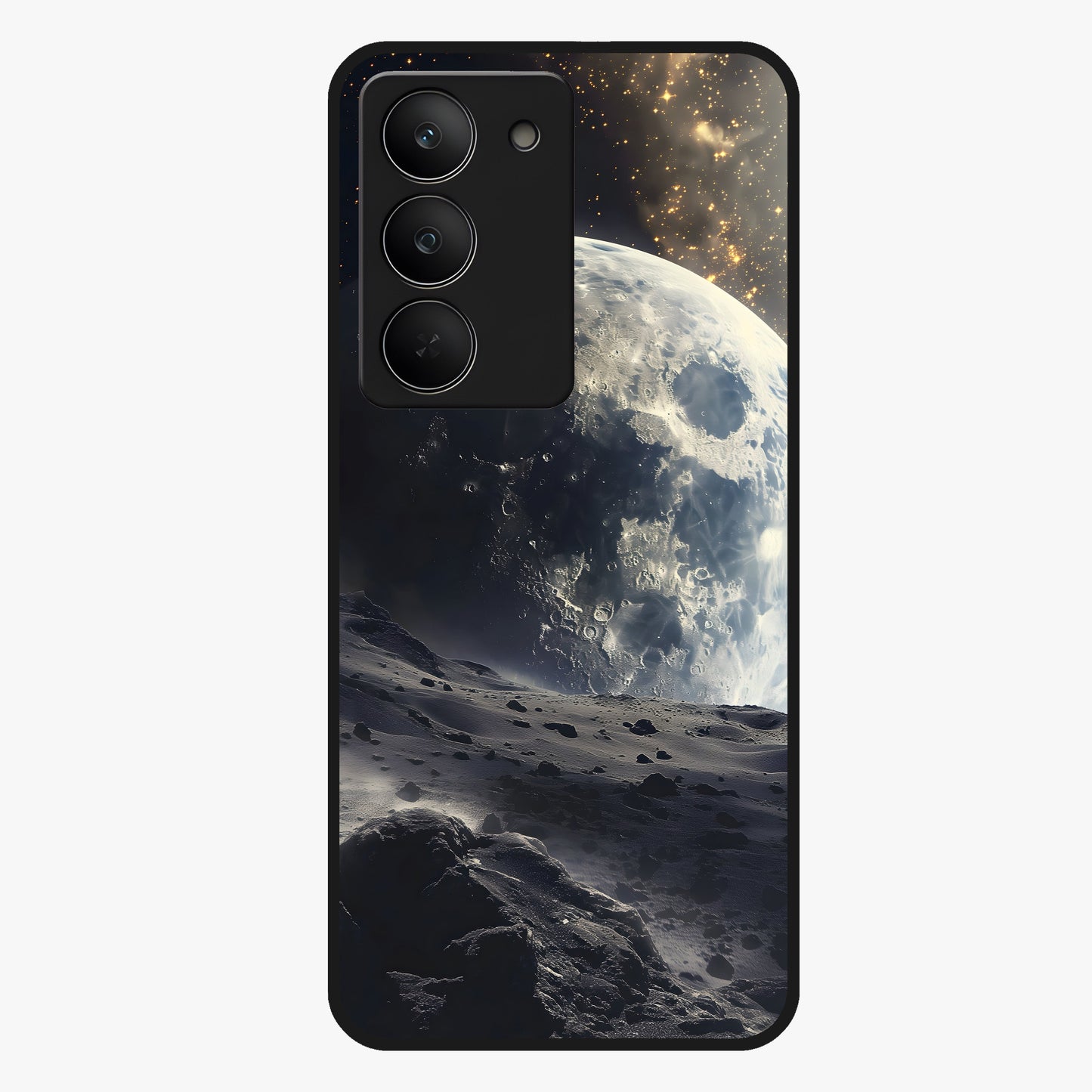 Lunar Horizon Glow Glass Case showing flat back view with glowing moon horizon artwork and glossy glass finish.
