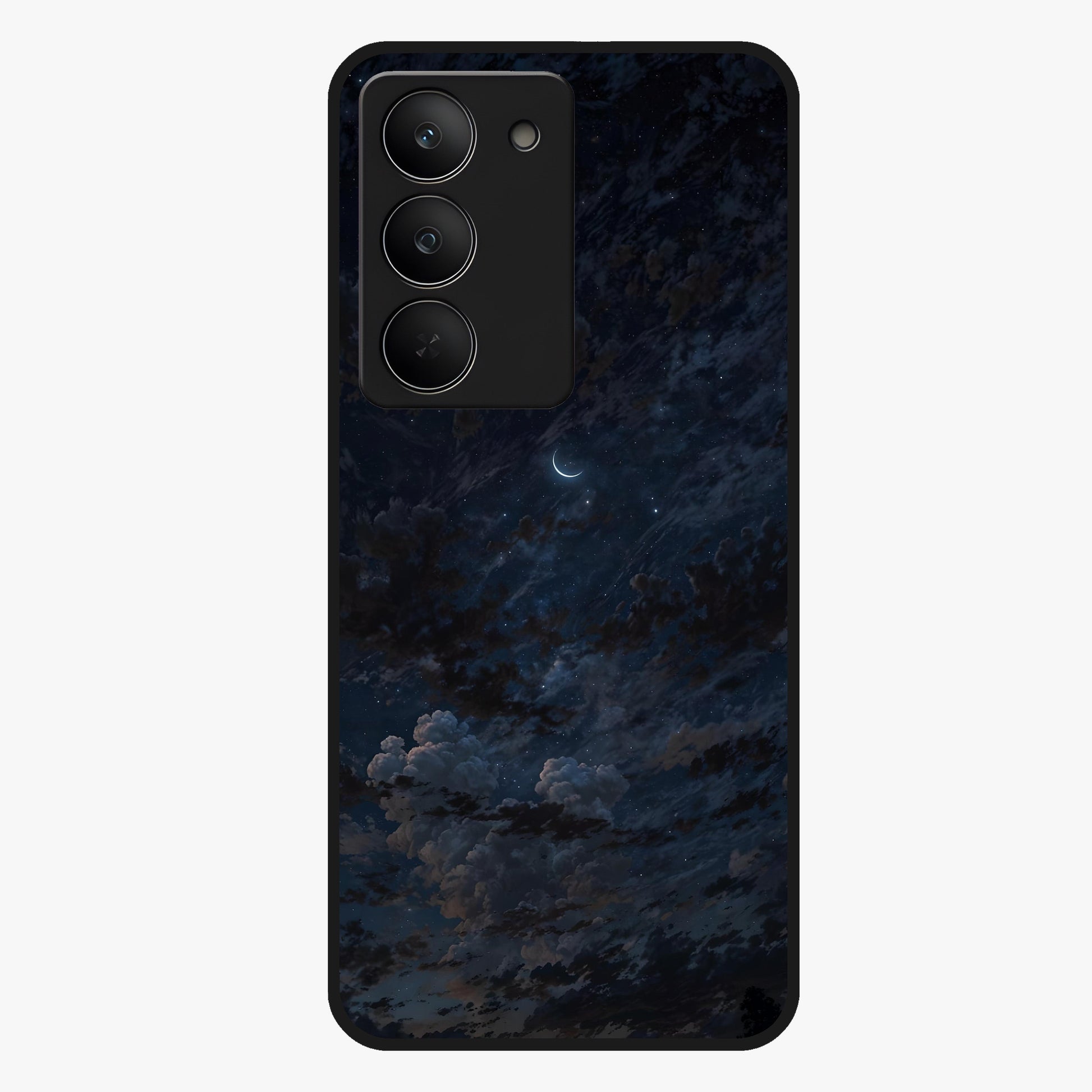 Lunar Veil Silence Glass Case showing flat back view with mystical moon veil artwork and glossy glass finish.
