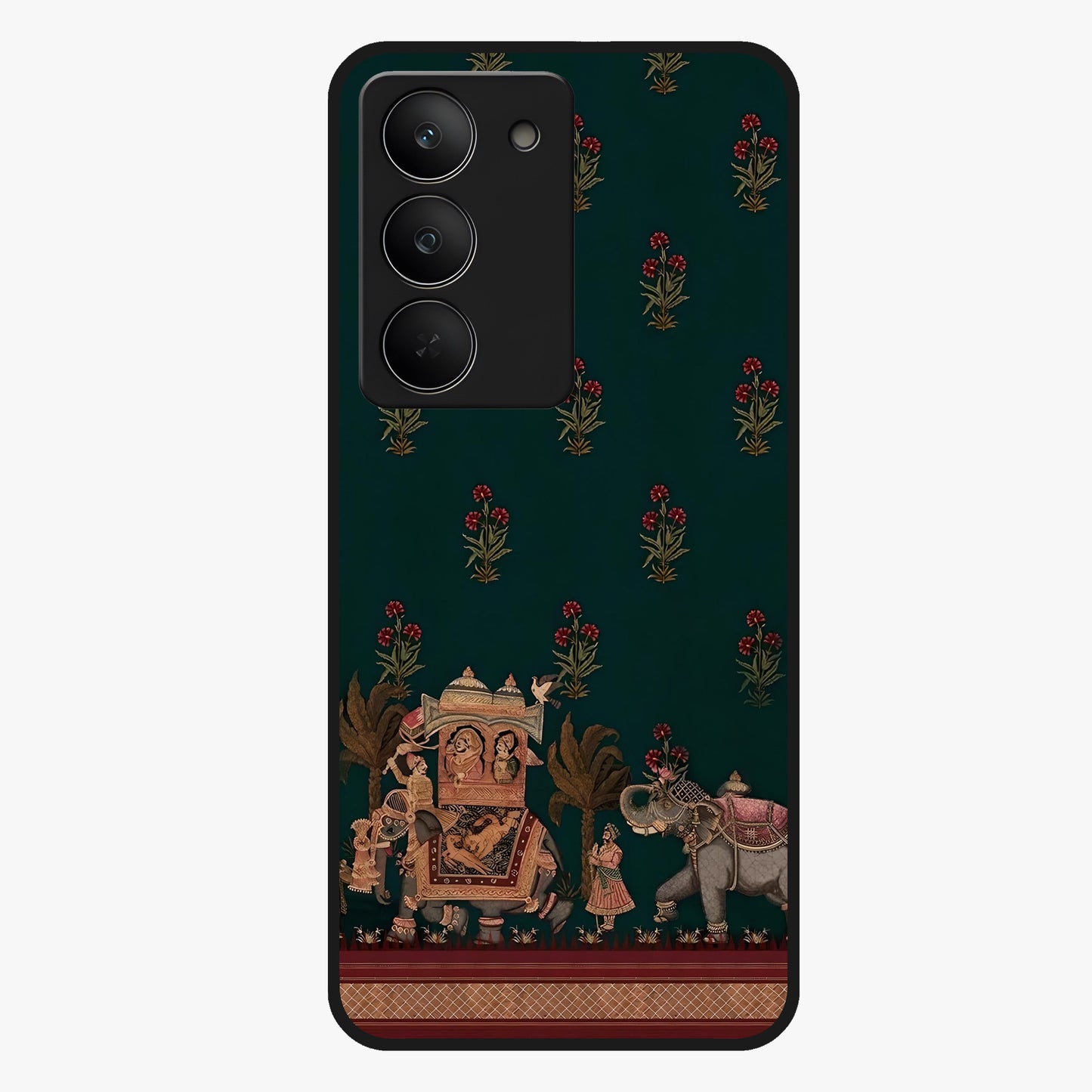 Macmerise Glass Case showing flat back view with stylish modern artwork and glossy glass finish.
