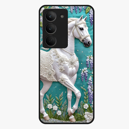Majestic Floral Stallion Glass Case showing flat back view with powerful horse and floral artwork and glossy glass finish.