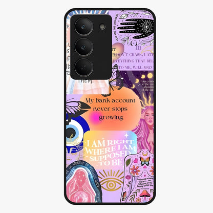 Manifestation Collage Glass Case showing flat back view with motivational collage artwork and glossy glass finish.