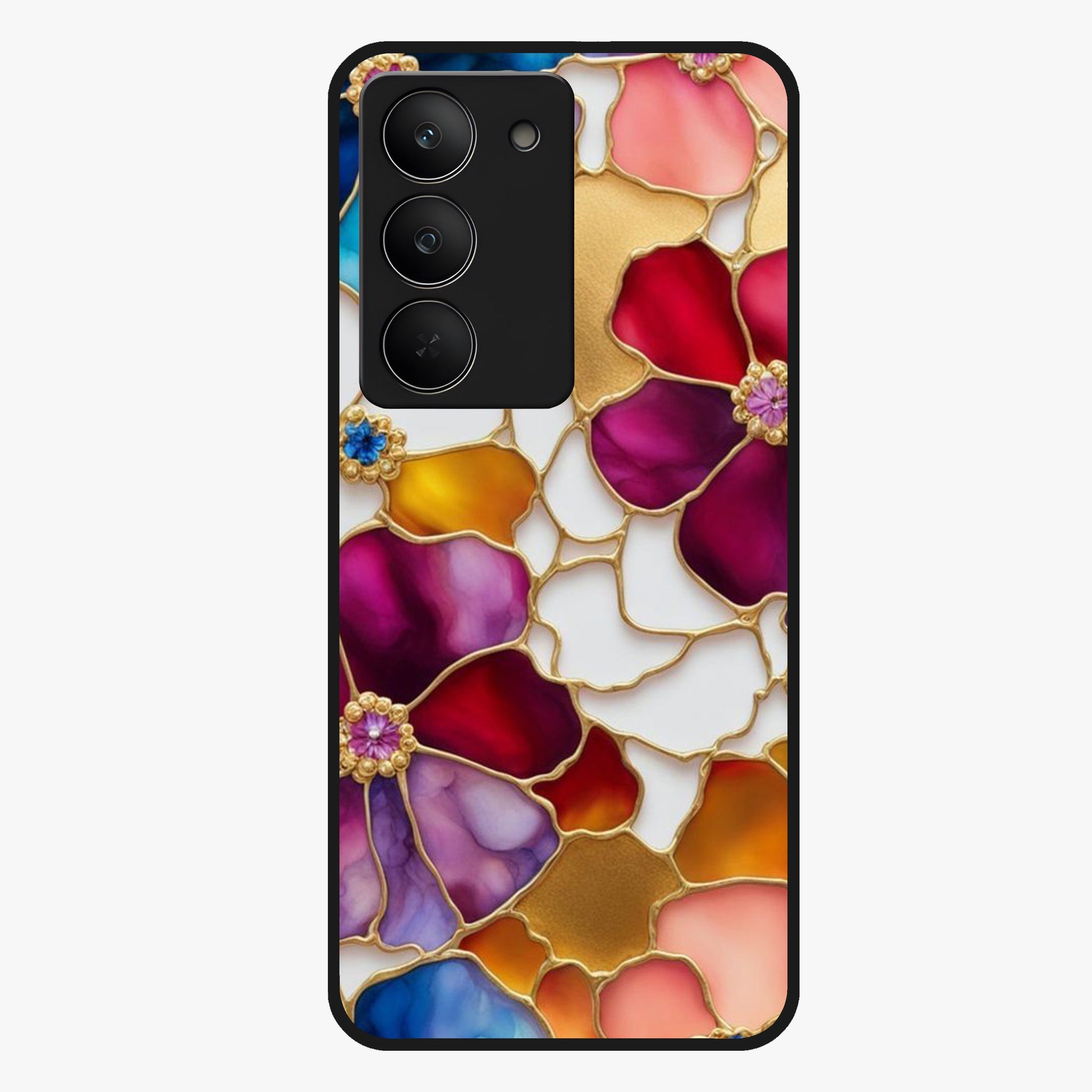 Marble Flower Pattern Glass Case showing flat back view with marble texture floral artwork and glossy glass finish.
