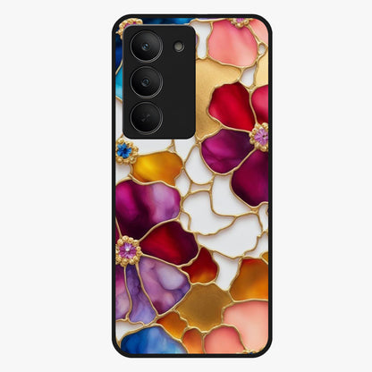 Marble Flower Pattern Glass Case showing flat back view with marble texture floral artwork and glossy glass finish.