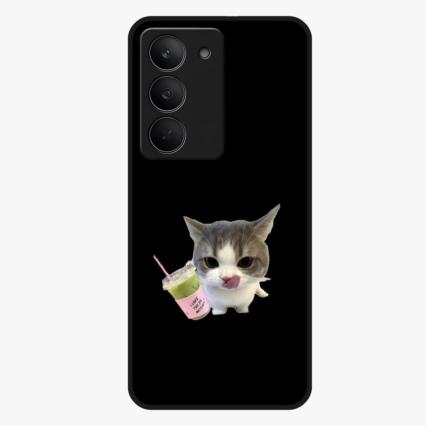 Matcha Cat Style Glass Case showing flat back view with cute matcha themed cat artwork and glossy glass finish.