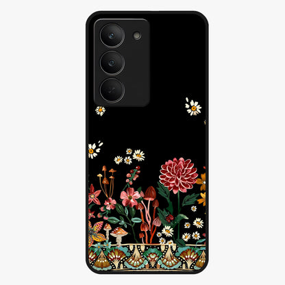 Midnight Bloom Pattern Glass Case showing flat back view with dark floral pattern artwork and glossy glass finish.
