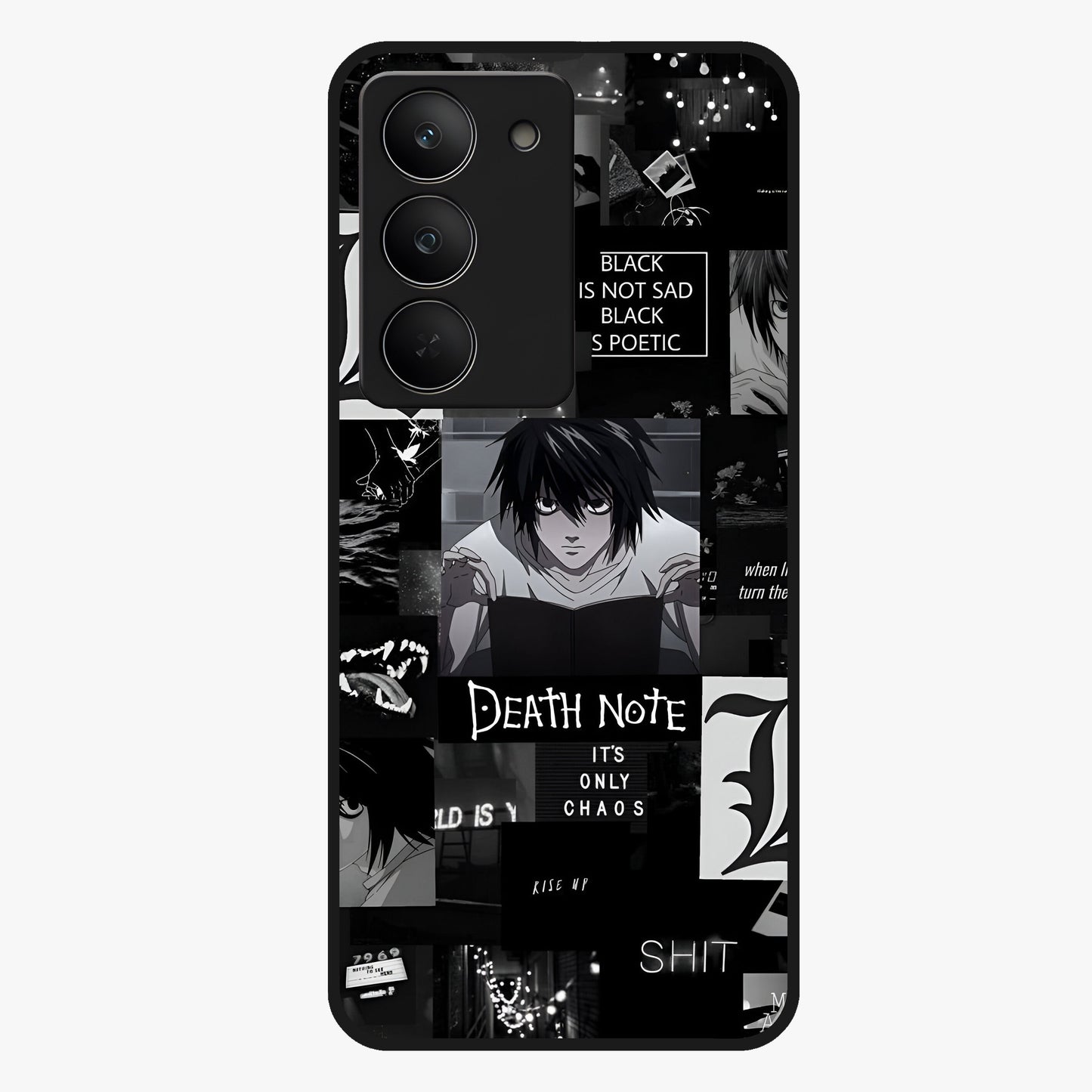 Midnight Chaos Mind Glass Case showing flat back view with abstract dark themed artwork and glossy glass finish.