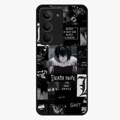 Midnight Chaos Mind Glass Case showing flat back view with abstract dark themed artwork and glossy glass finish.