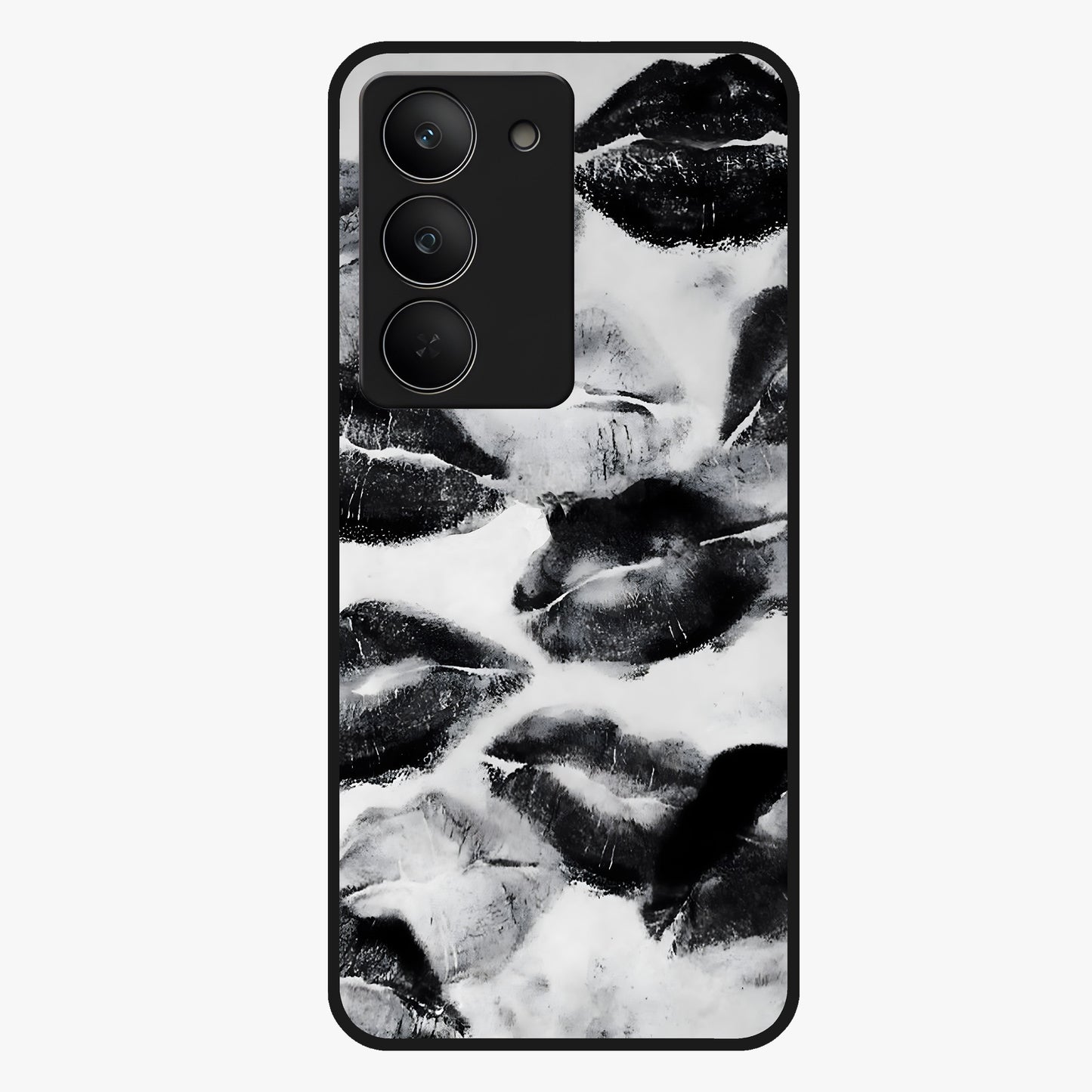 Midnight Kiss Marks Glass Case showing flat back view with lipstick kiss mark artwork and glossy glass finish.