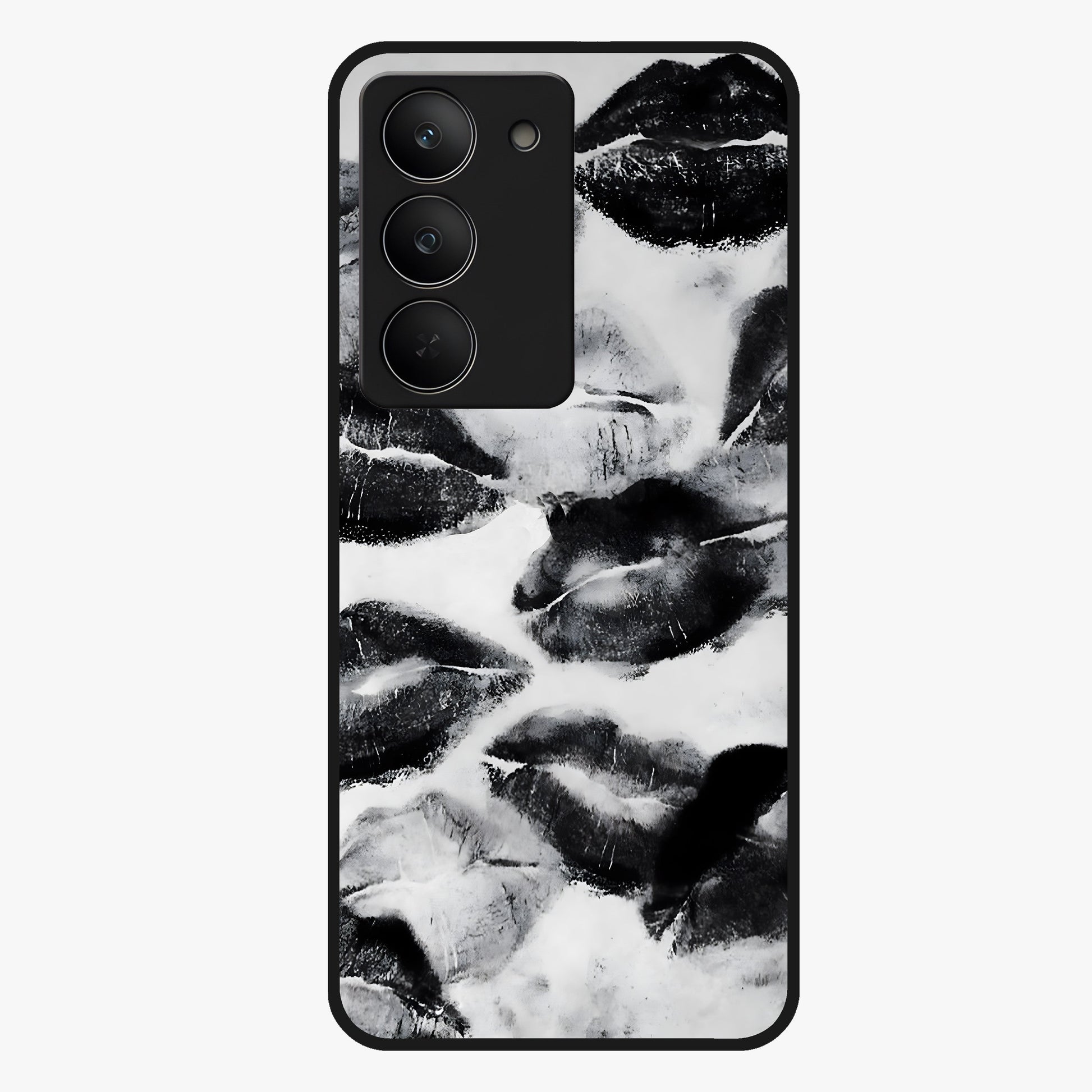 Midnight Kiss Marks Glass Case showing flat back view with lipstick kiss mark artwork and glossy glass finish.