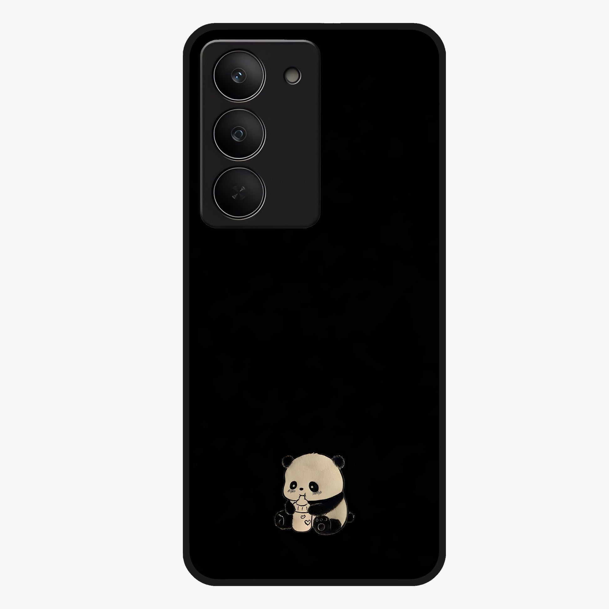 Midnight Panda Love Glass Case showing flat back view with cute panda themed artwork and glossy glass finish.