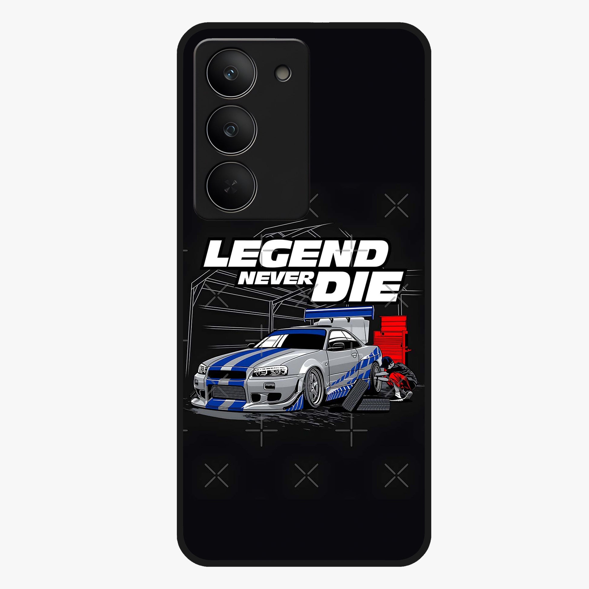Midnight Racing Legacy Glass Case showing flat back view with sleek racing inspired artwork and glossy glass finish.