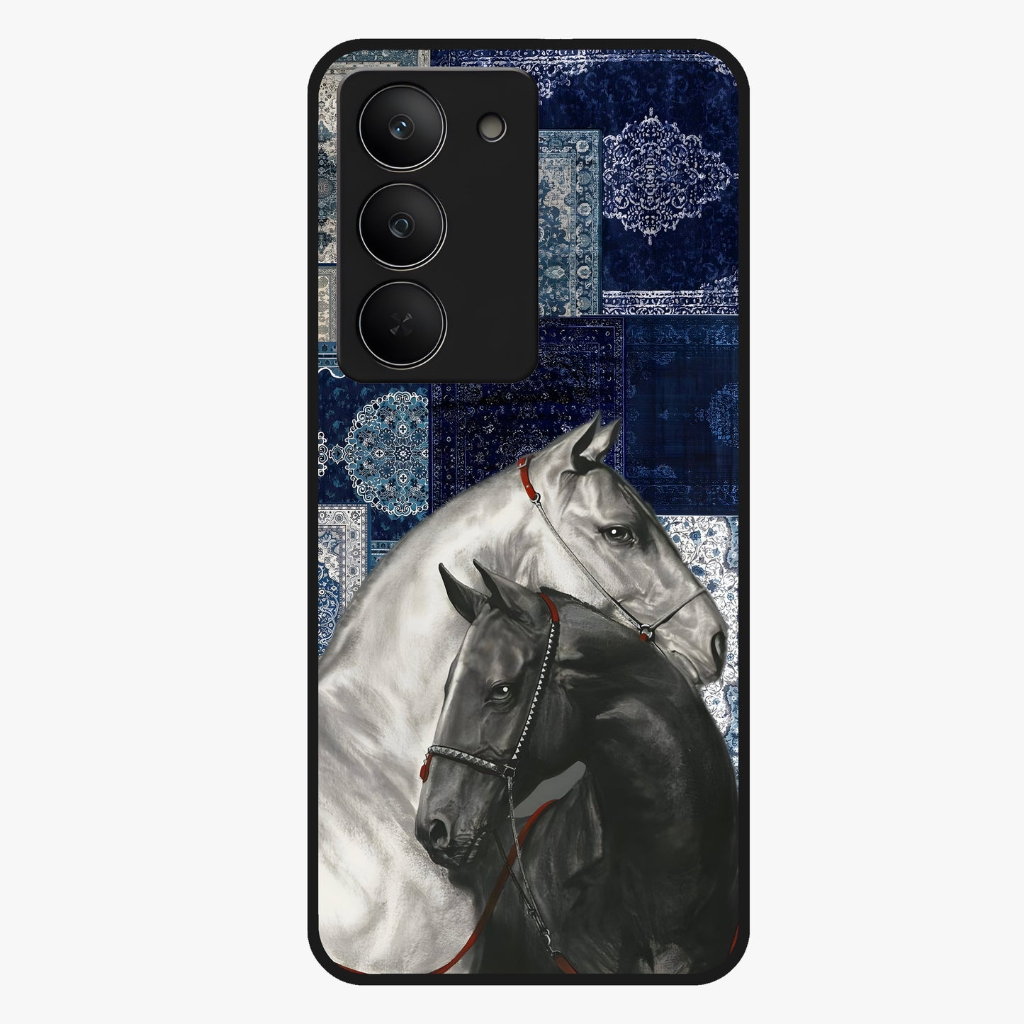 Midnight Stallion Blues Glass Case showing flat back view with majestic horse artwork and glossy glass finish.
