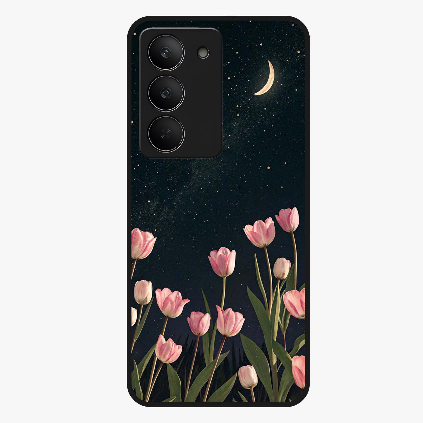Midnight Tulip Whispers Vibe Glass Case showing flat back view with elegant tulip flower artwork and glossy glass finish.